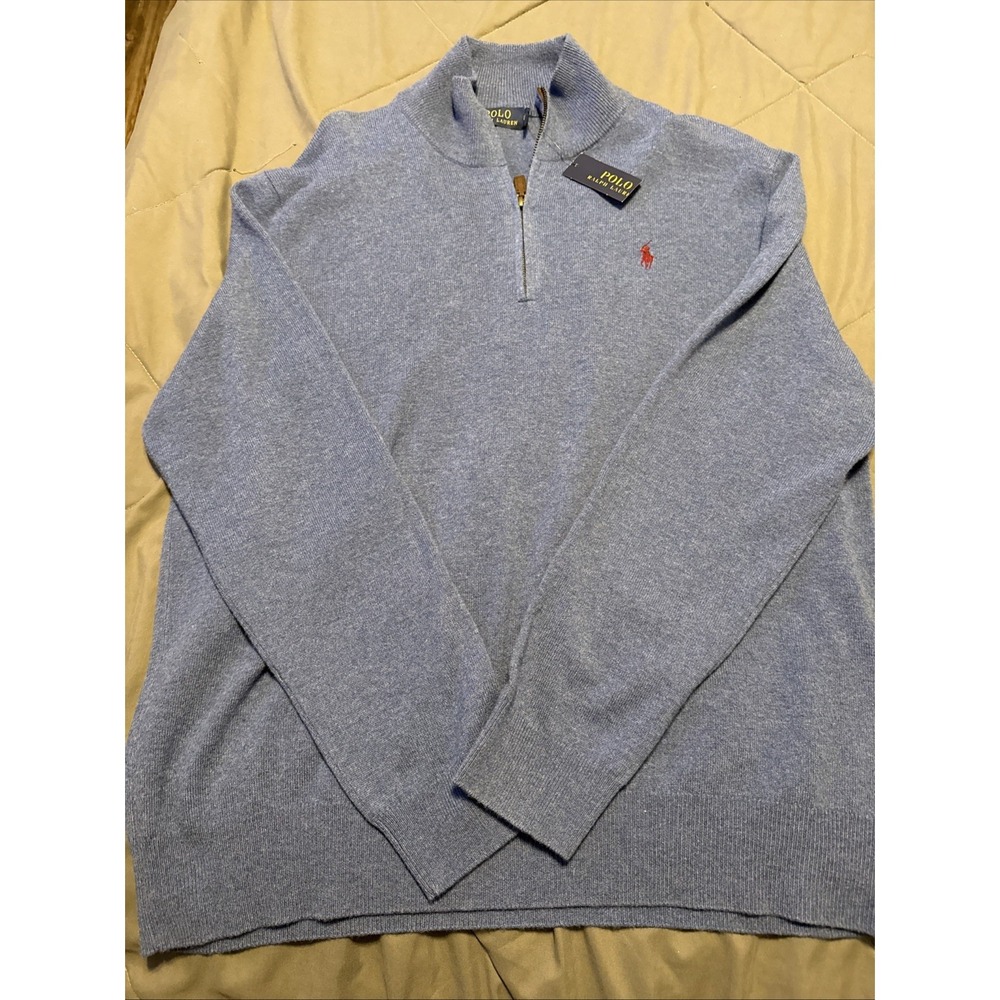 Polo Ralph Lauren Men's Blue Merino Wool Long Sleeve 1/4 Zip Sweater. Size XL